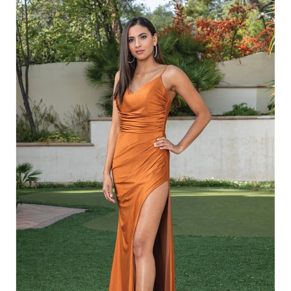 New Long Sheath Sleeveless Ruched Formal Dress w/ Leg Slit & V-Neck DQ 4288